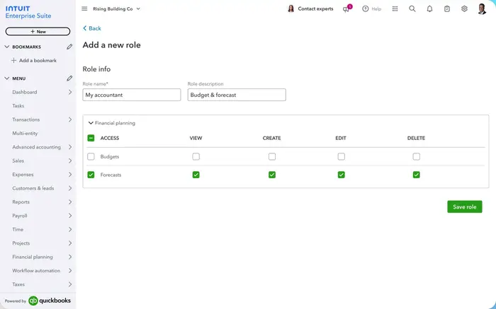 Custom roles for forecasts & budgets of Intuit Enterprise Suite | MMB