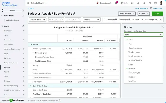 Dimensions with budgets of Intuit Enterprise Suite | MMB