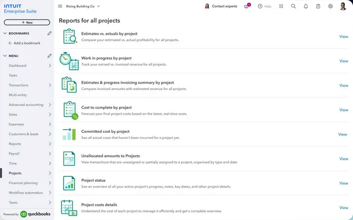 Industry-specific reports of Intuit Enterprise Suite | MMB