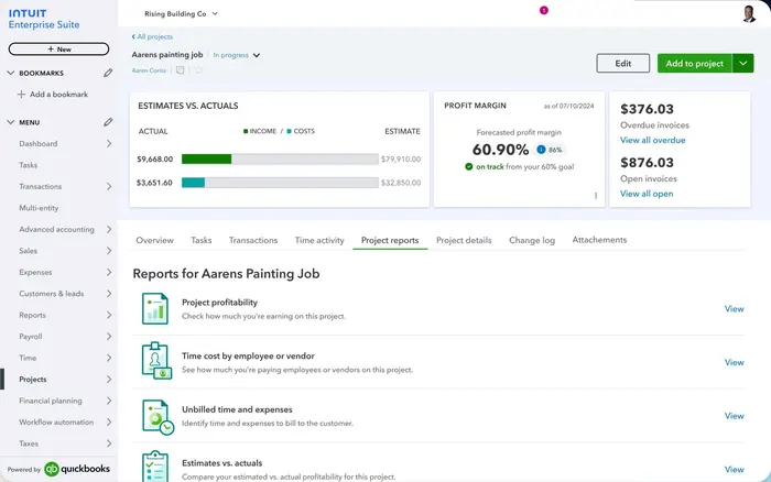 Project profitability goal setting & monitoring of Intuit Enterprise Suite | MMB